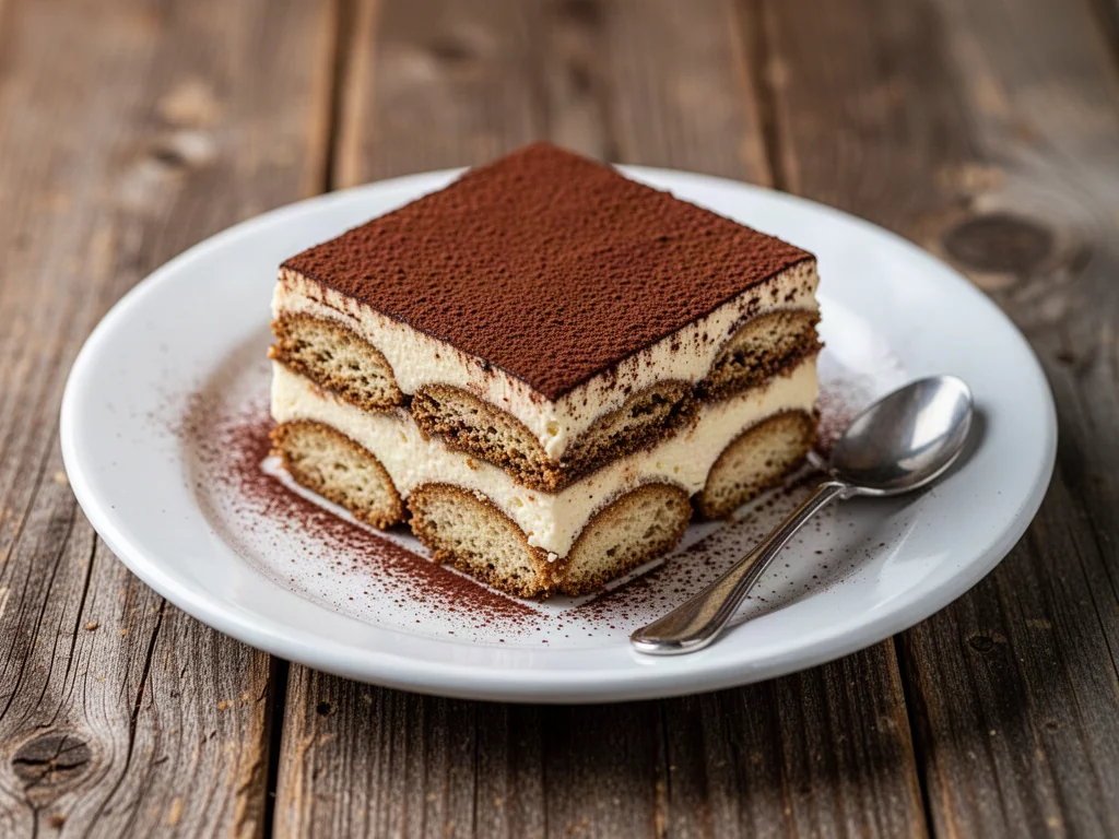 Kawałek klasycznego tiramisu z wyraźnymi warstwami biszkoptów nasączonych kawą i kremem mascarpone, posypany kakao.