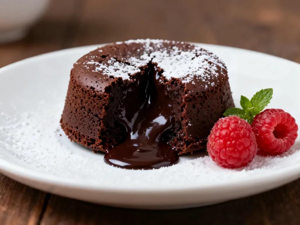 Czekoladowy lava cake z płynnym wnętrzem, posypany cukrem pudrem, podany z malinami i świeżą miętą na białym talerzu.