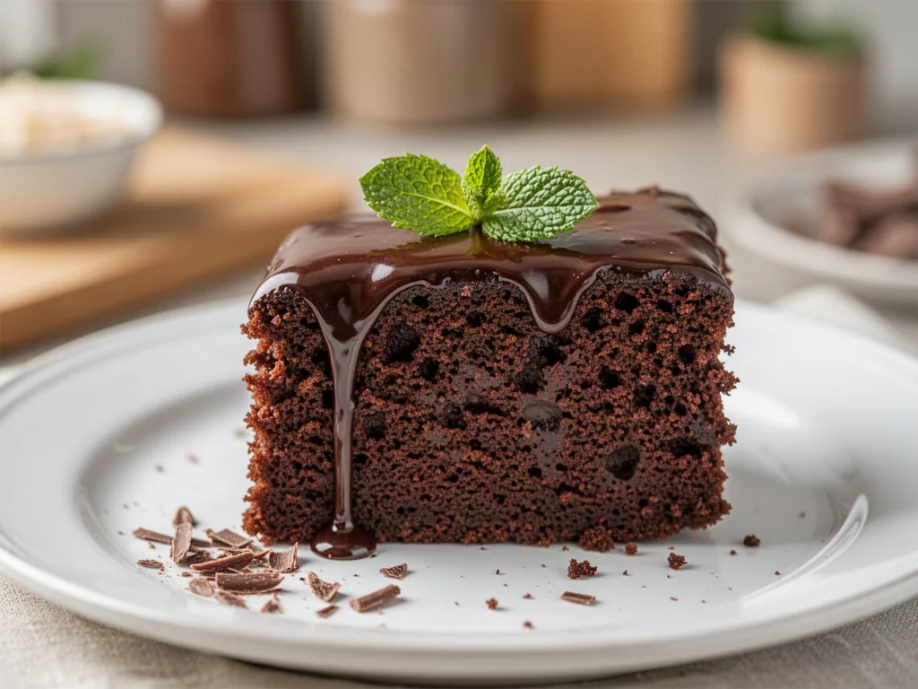 Kawałek wilgotnego ciasta czekoladowego z polewą ganache i listkiem mięty na białym talerzu.