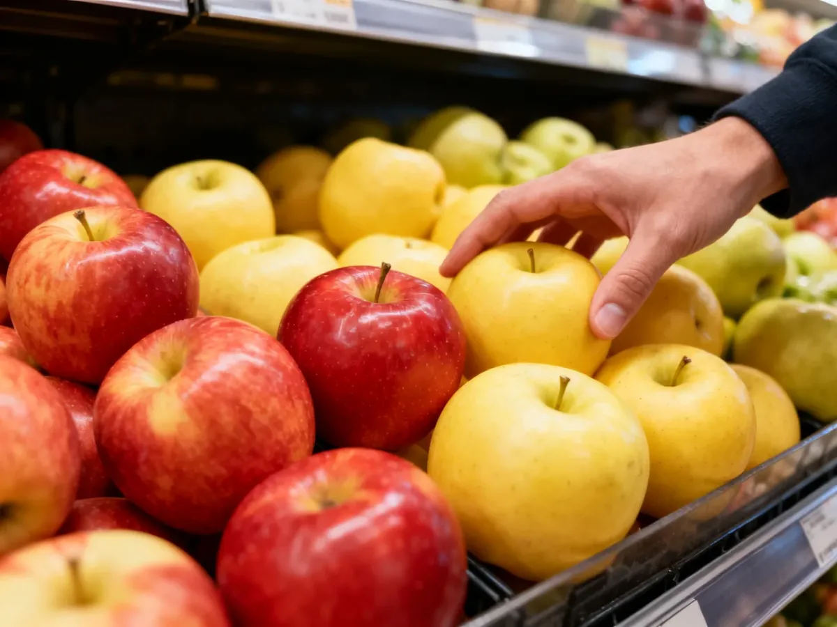 Shopper checking the firmness of apples at a grocery store