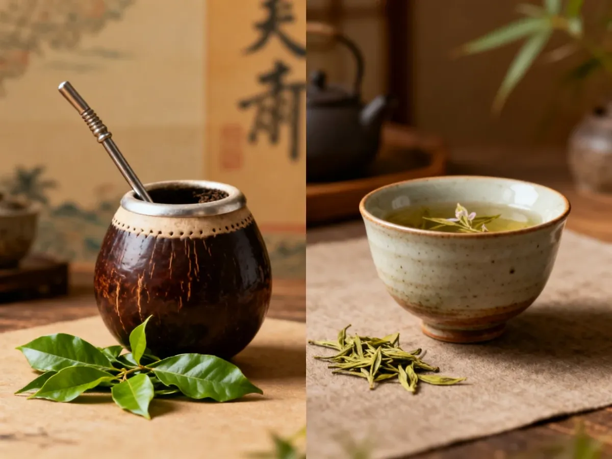 Yerba mate w matero z bombillą oraz herbata w filiżance
