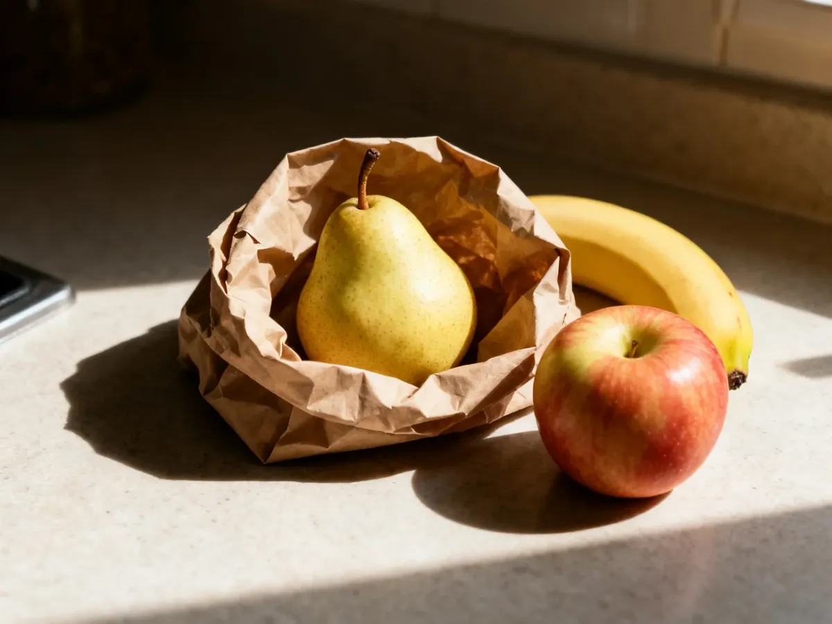 Twarda gruszka w papierowej torbie z jabłkiem i bananem na kuchennym blacie