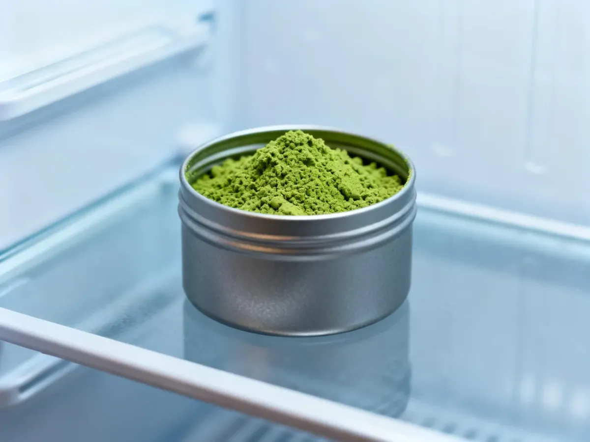 Zielona matcha w szczelnej puszce przechowywanej w lodówce