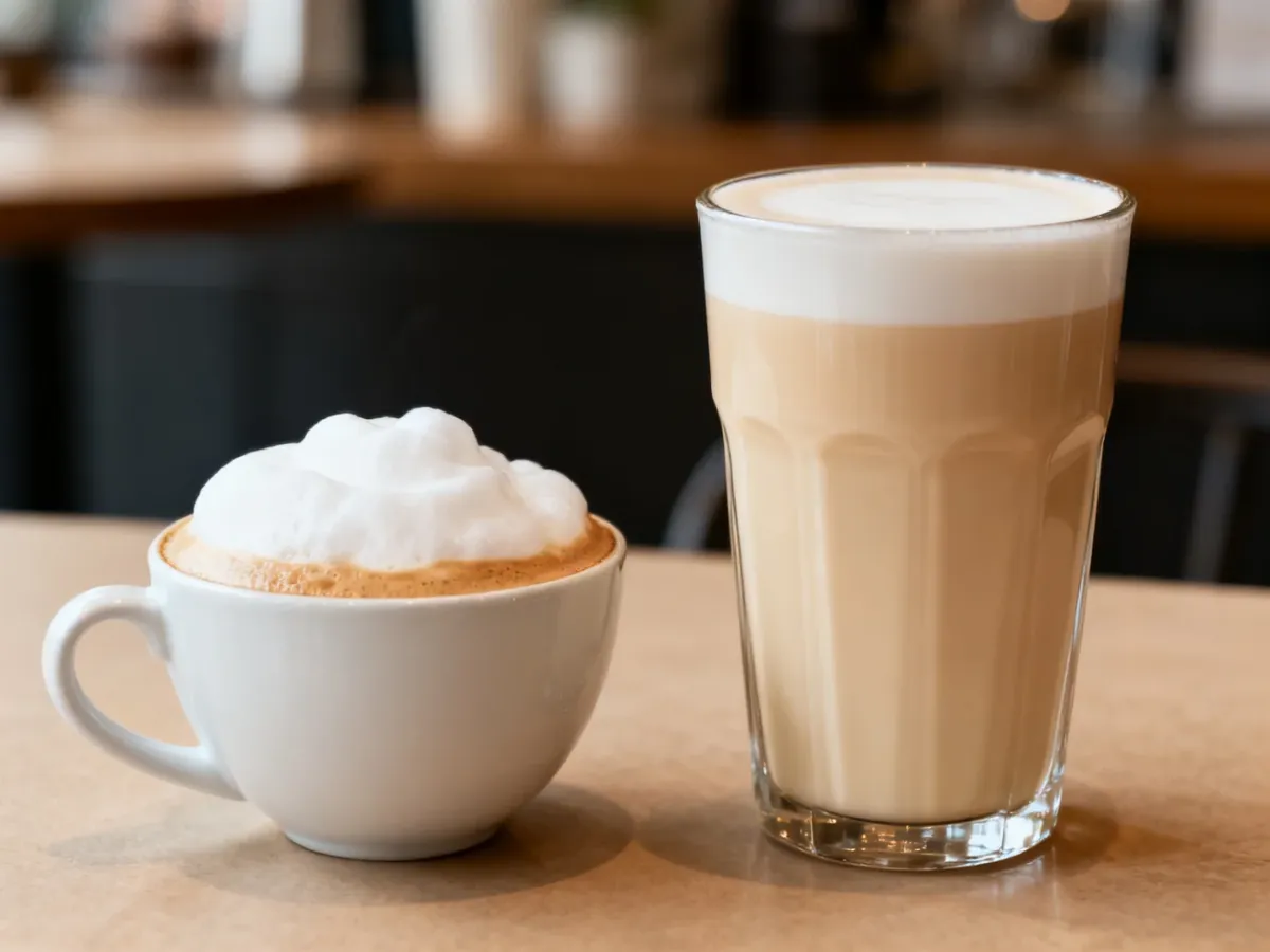 Cappuccino and latte displayed side by side, showing their different proportions and foam textures