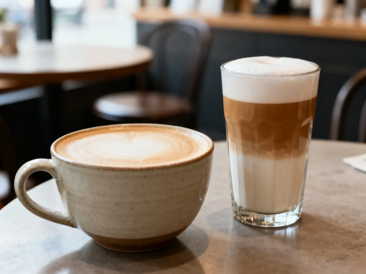 Caffe latte w filiżance i warstwowe latte macchiato w wysokiej szklance