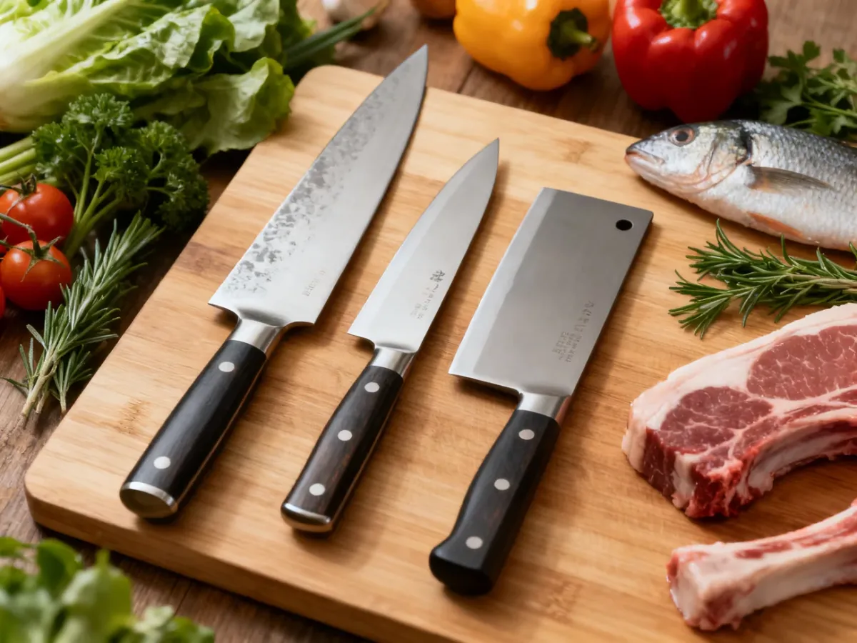 Trzy japońskie noże kuchenne Gyuto, Santoku i Nakiri na desce z produktami spożywczymi