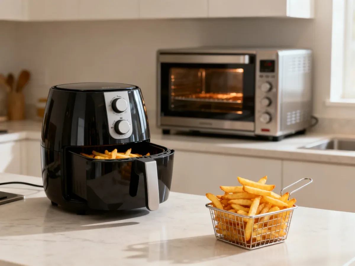 Airfryer i piekarnik konwekcyjny w nowoczesnej kuchni obok porcji chrupiących frytek