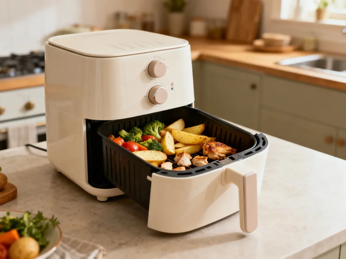 Airfryer z koszem pełnym małej porcji warzyw, ziemniaków i kawałków kurczaka