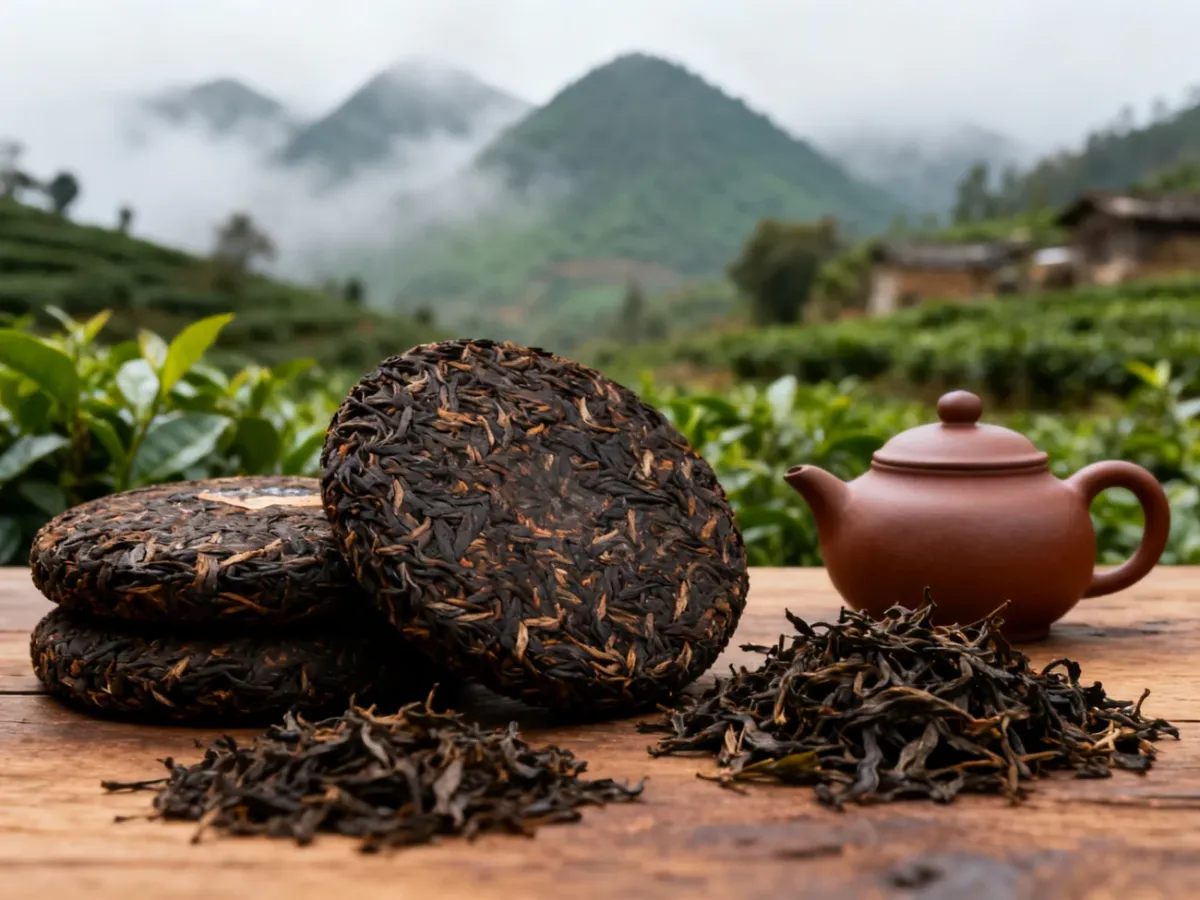 Sprasowane krążki pu-erh i liście herbaty na tle górskiego krajobrazu Yunnanu