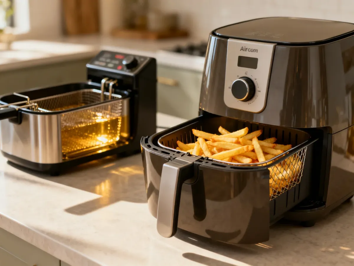 Air fryer with crisp fries beside a traditional oil fryer in a modern kitchen