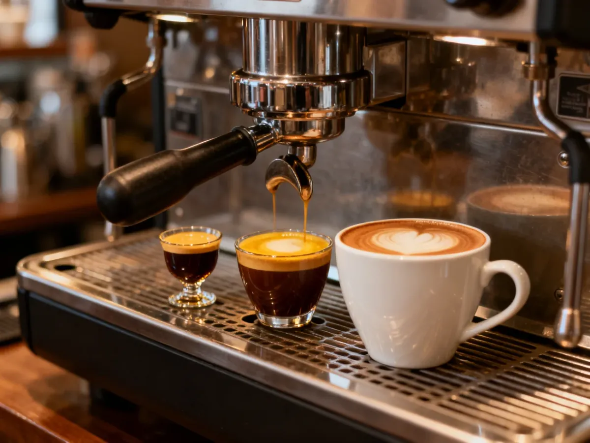 Ristretto, espresso i lungo przygotowane obok siebie w ekspresie ciśnieniowym
